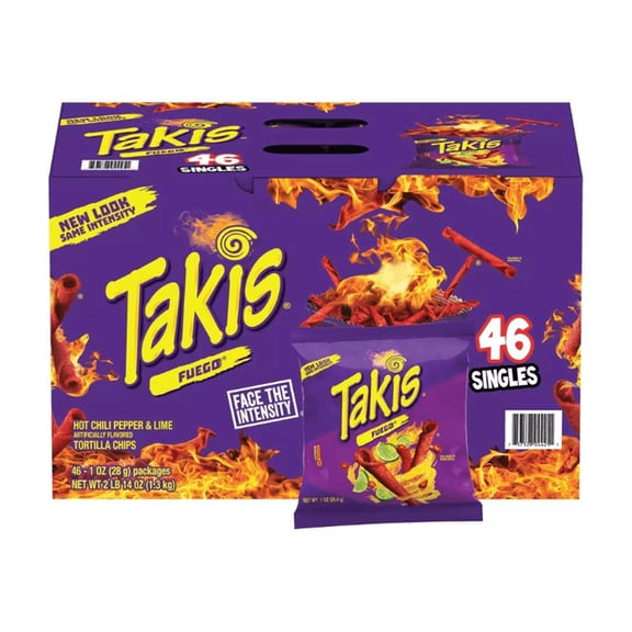 Takis Fuego Rolled Tortilla Chips, Hot Chili Pepper & Lime, 46 Count Single Serve Bags