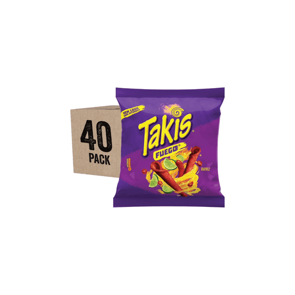 Takis Fuego Rolled Tortilla Chips, Hot Chili Pepper & Lime Flavor, 3.25 oz Bags, 40 Count Bulk Snack Pack