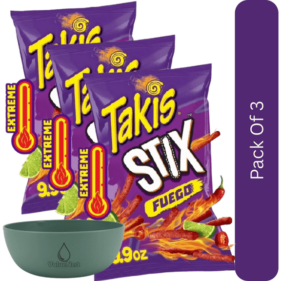 Takis Fuego Rolled Tortilla Chips, Hot Chili Pepper & Zesty Lime Flavor, 9.9 oz Sharing Size Bag With Olive Green Bowl By ValueNest