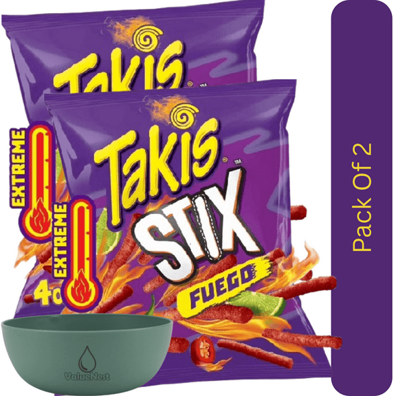 Takis Fuego Stix Corn Snack Sticks, Hot Chili Pepper & Lime Crunch, 4 oz Snack Size Bag With Olive Green Bowl By ValueNest