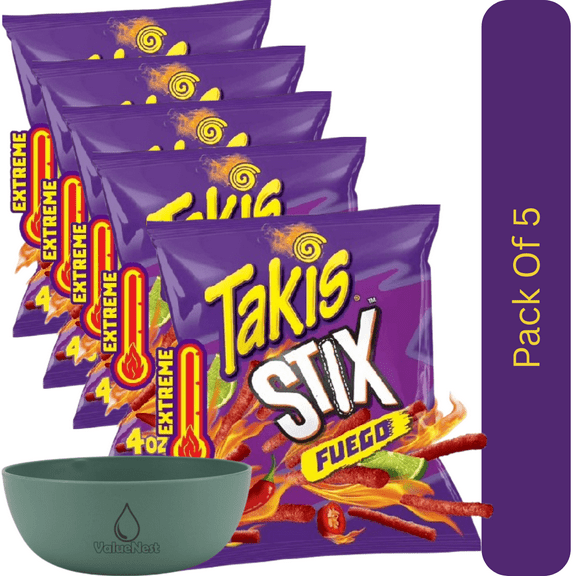 Takis Fuego Stix Fiery Corn Snack Sticks, Hot Chili Pepper & Lime, 4 oz Snack Size Bag With Olive Green Bowl By ValueNest