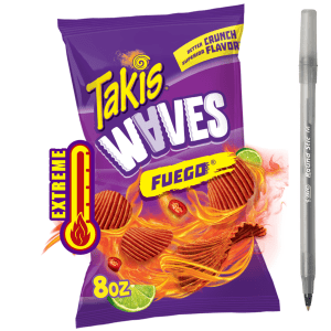 Takis Fuego Waves 8 oz Sharing Size Bag, Hot Chili Pepper & Lime Flavored Extreme Spicy Wavy Potato Chips with pan