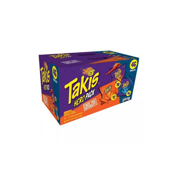 Takis Hero Pack Variety Tortilla Chips Snack Pack, Assorted Spicy Flavors, 46 Count Individual Bags (1 oz Each)