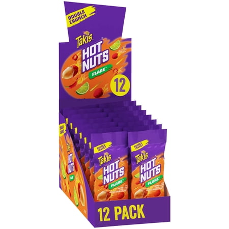 Takis Hot Nuts Flare Double Crunch Peanuts, Chili Pepper Lime Flavored Spicy Peanuts, Multipack 12 Individual Bags, 3.2 Ounces Each