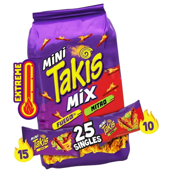 Takis Mini 25 pc / 1.23 BSL1oz Bite Size Variety Pack, Assorted Flavored Mixed Rolled Tortilla Chips - (15) Fuego Mini 1.23 oz, (10) Nitro Mini 1.23 oz