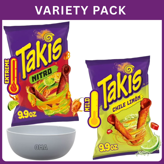 Takis Nitro Habanero Lime Rolled Tortilla Chips 9.9 oz + Takis Chile Limon Chili Lime Rolled Tortilla Chips 9.9 oz, Variety Pack with Bowl by OMA.