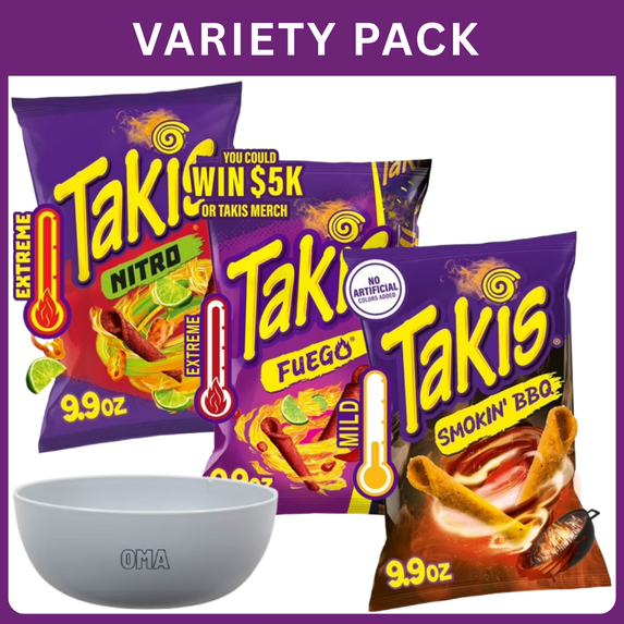 Takis Variety Pack Fuego Smokin BBQ Nitro Rolled Tortilla Chips Hot Chili Lime Barbecue Habanero Lime Snacks -29.7 Oz Total Weight ,Variety Pack with Bowl by OMA.