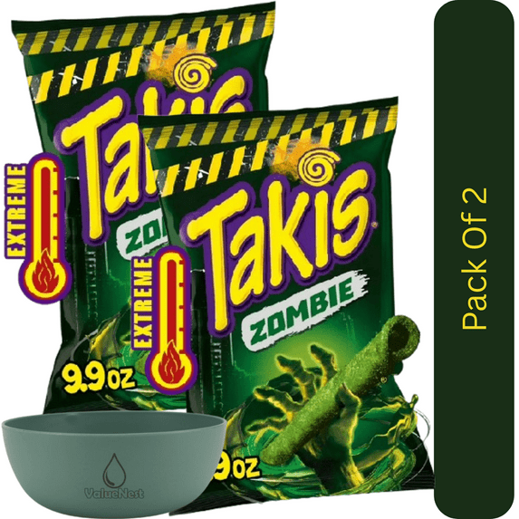 Takis Zombie Rolled Tortilla Chips, Habanero & Cucumber Crunch, 9.9 oz Sharing Size Bag With Olive Green Bowl By ValueNest