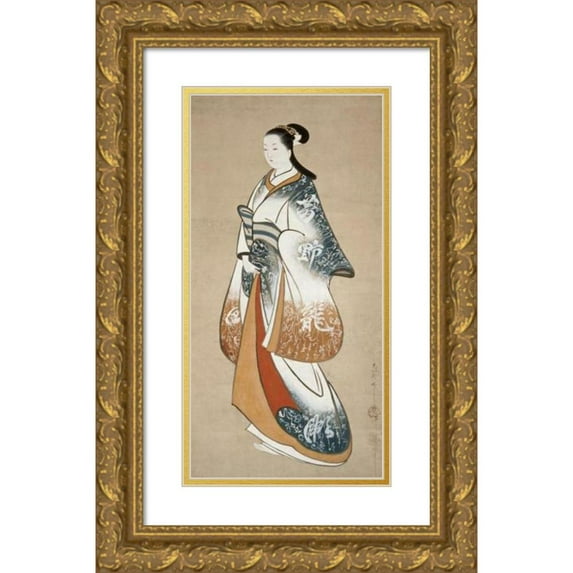 Takizawa Shigenobu 9x14 Gold Ornate Wood Frame and Double Matted Museum Art Print Titled - Standing Prostitute Wearing a Kimono Decorated with Calligraphy (C. 1730)