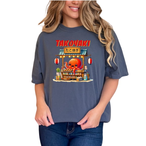 Takoyaki Food Stand T-Shirt, Cute Octopus Graphic Tee, Japanese Street Food Shirt, Fun Anime Style Top, Casual Novelty Unisex Tee, Denim Comfort Colors T-Shirt, Medium