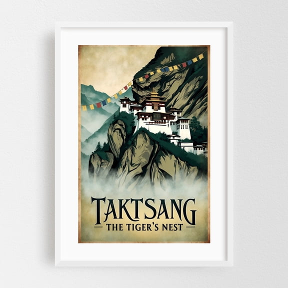 Taktsang Monastery Vintage Travel Poster – The Tiger’s Nest - Paro Bhutan Illustration Travel Poster Architecture Mountain Spiritual Nature Vintage Poster White Framed Wall Art Print 24 x 36 inches