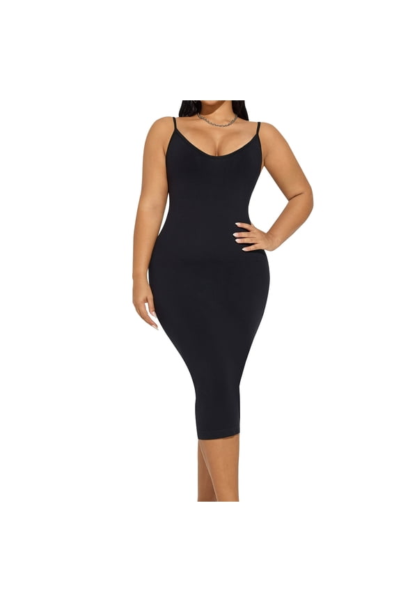 Plus Size Women Shapewear Dress Full Slip Tummy Control Body Shaper V Neck Adjustable Spaghetti Strap