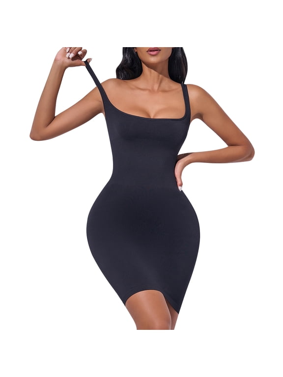 Women's Casual Solid Color Sleeveless Shapewear Slips, Black