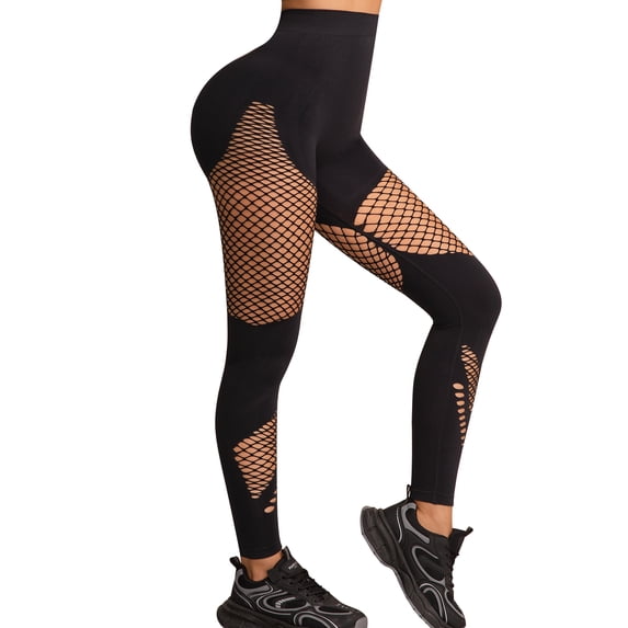 Takusun Women's Fishnet Seamless High Waisted Tummy Control Workout Leggings Pants Black