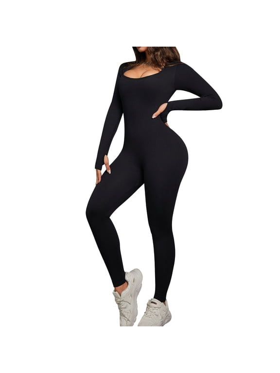 Womens Long Sleeve Workout Jumpsuit Square Neck Ribbed Seamless Yoga Romper Sexy Bodycon Unitard