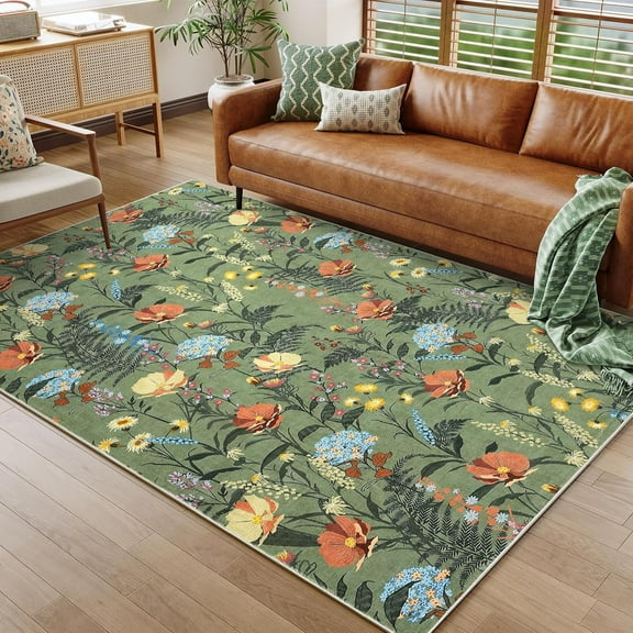Takywep 10x13ft Floral|Green Area Rugs, Machine Washable, Ultra-Soft Foldable Rug, Low Pile, Non Slip, Stain Resistant, Easy Care Carpet for Living Room, Bedroom, Office