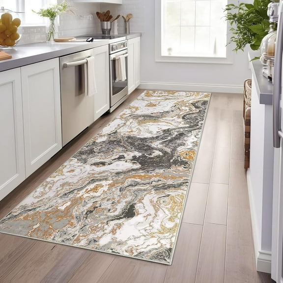 Takywep 2x8ft Grey Area Rug Abstract Marble, Non-Slip, Washable, Low Pile, Modern Carpet for Living Room, Entryway, Bedroom, Soft Velvet, Pet Friendly, Foldable, Machine Clean