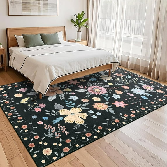 Takywep 5x7ft Black Area Rug, Boho Floral, Washable, Non-Slip, Ultra Soft, Stain Resistant, Foldable, Pet Friendly, Low Pile, Botanical Accent Carpet for Living Room, Bedroom, Dining