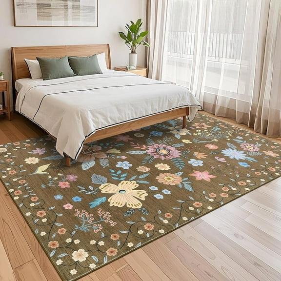 Takywep 5x7ft Brown Area Rug, Boho Floral, Washable, Non-Slip, Ultra Soft, Stain Resistant, Foldable, Pet Friendly, Low Pile, Botanical Accent Carpet for Living Room, Bedroom, Dining