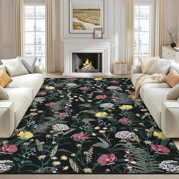 Takywep 5x7ft Floral|black Area Rugs, Machine Washable, Ultra-Soft Foldable Rug, Low Pile, Non Slip, Stain Resistant, Easy Care Carpet for Living Room, Bedroom, Office