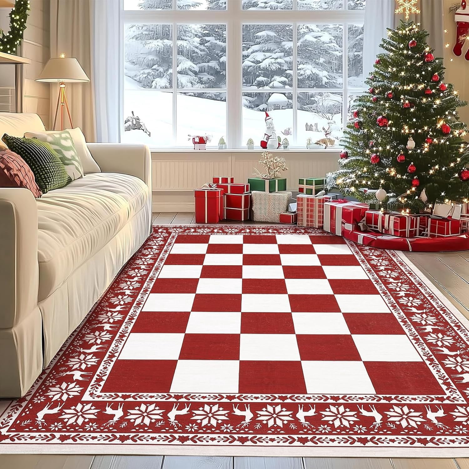 Rust Festive Rug Takywep 5x7ft Red Christmas Area Rugs, Modern Washable Festive Rug, Non ...