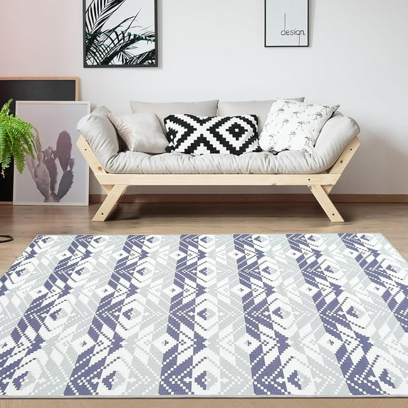 Takywep 5x8ft Blue and White Area Rug, Black and White Indoor Outdoor Rug, Washable Polypropylene, Non-Slip, Moroccan Geometric Design, Low-Pile, Quick-Dry