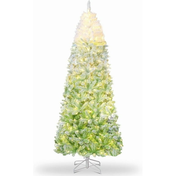 Takywep 6FT Green Gradient Gradient Pencil Christmas Tree Artificial Slim Flocked Snowy Tip with Metal Base, Space-Saving for Home or Office Holiday Decor
