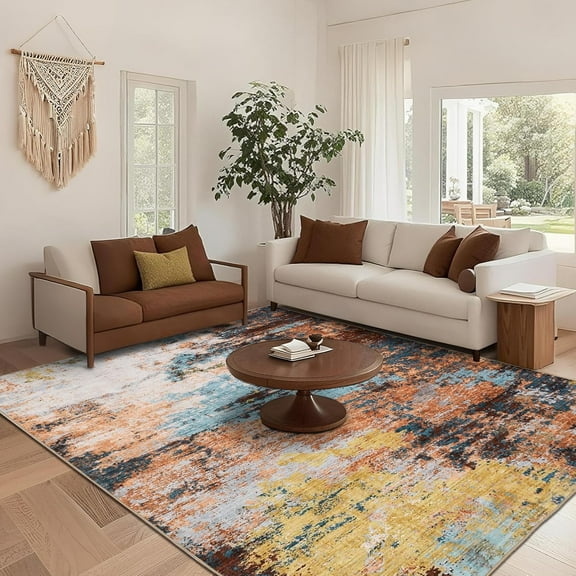 Takywep 6x9ft Yellow Area Rugs, Modern Abstract Accent Rug, Non Slip Washable Thin Carpet, Soft Low Pile Decorative Rectangle Rug for Living Room, Bedroom, Office, Entryway