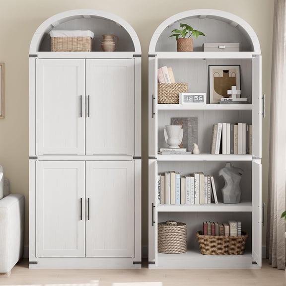 Takywep 71.6 Inch Tall Arched Pantry Cabinet with Doors, Farmhouse Storage Cabinet with Open Shelf and Metal Handles, 5 Tier Freestanding Bookcase for Kitchen Dining Room Living Room, White