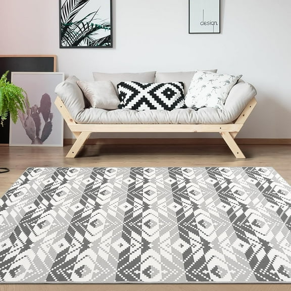 Takywep 7x10ft Black and White Area Rug, Black and White Indoor Outdoor Rug, Washable Polypropylene, Non-Slip, Moroccan Geometric Design, Low-Pile, Quick-Dry