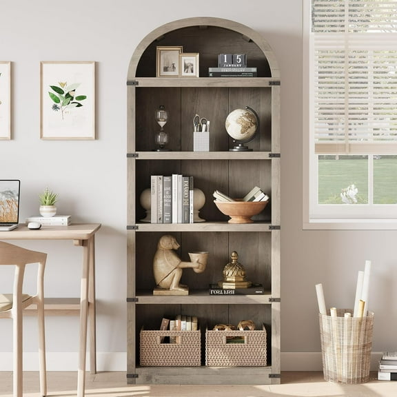 Takywep, Basic Style Grey, 5 Shelf Bookcase, Arched Top Bookshelf, Farmhouse Display, Metal Corner Protection, Tiered Storage, Modern Rustic Organizer, Study, Living Room