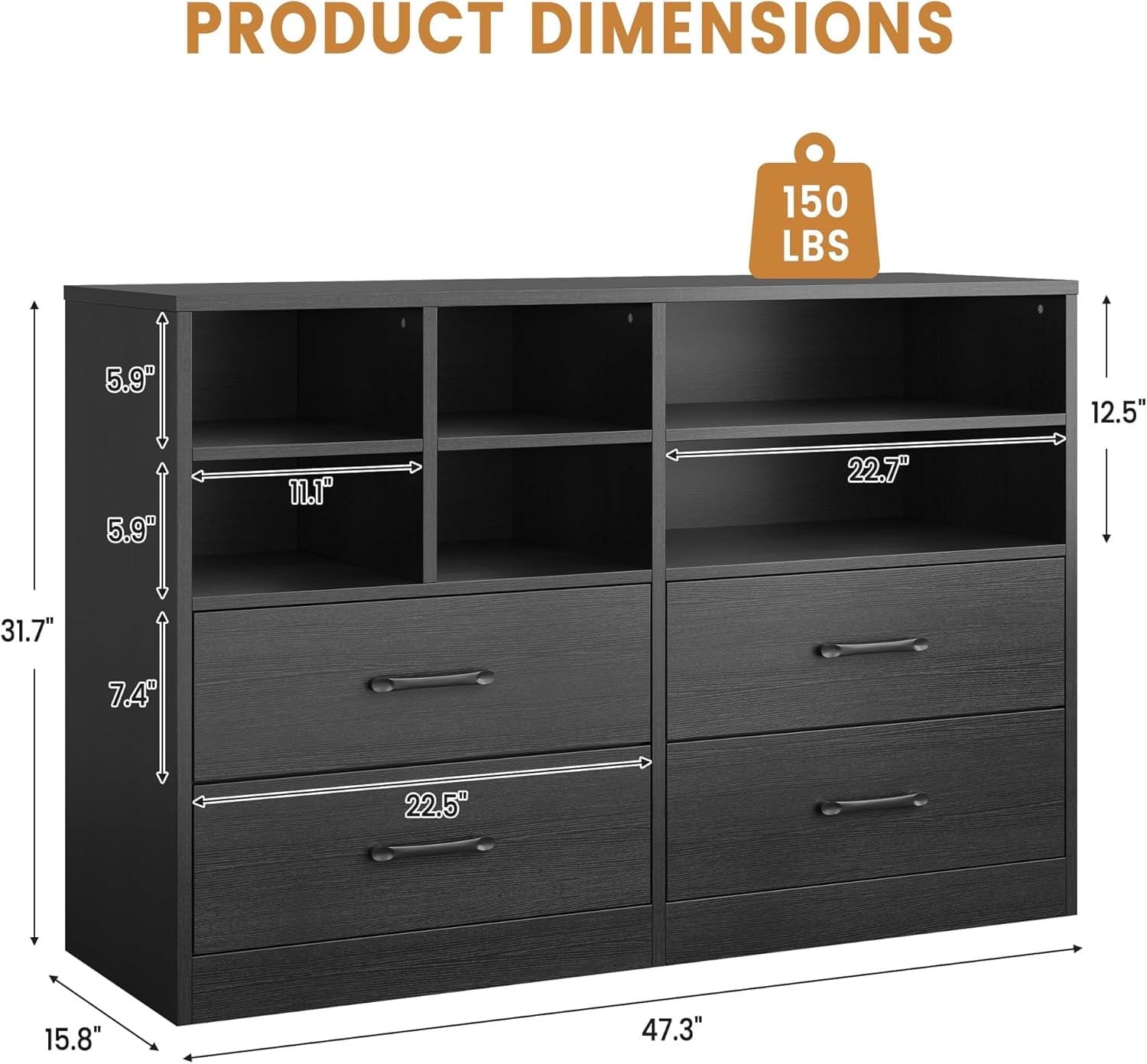 Takywep Black 4 Drawer Dressers, Modern Slim Storage Cabinet, 6 Open ...