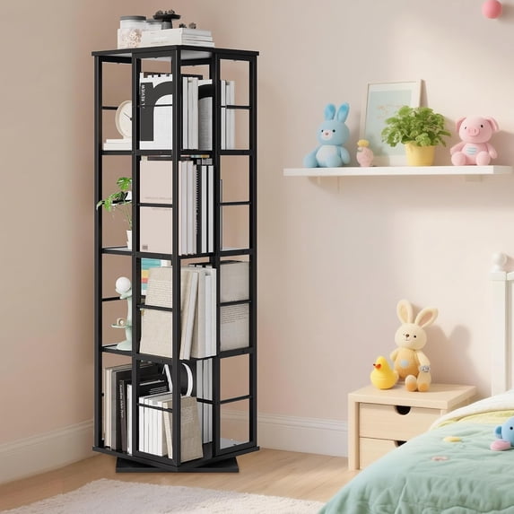 Takywep, Black, 4 Shelf Bookcase, Rotating 360° Bookshelf, Modern Square 16 Compartment Organizer, Sturdy Storage Bookcase, Metal Frame, Space Saver, Display Shelf