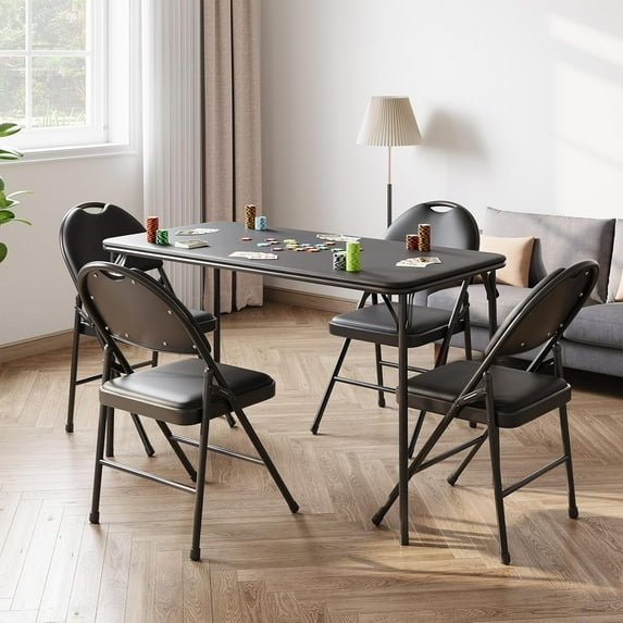 Takywep Black 4ft Folding Table, Upholstered PU Leather Tabletop, Heavy Duty Metal Legs, Collapsible, No Assembly, Indoor Outdoor Dining, Picnic, Camping, Study Desk, Event, Ready to Use