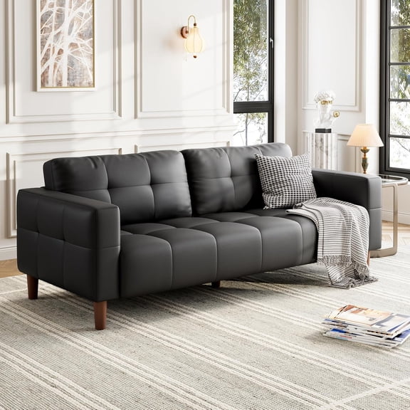 Takywep Black Sofa Couch, Oversized Faux Leather Couch, 3-Seater, Modern Loveseat, Adjustable Legs, High-Density Sponge