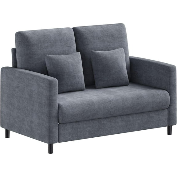 Takywep Blue Grey Sofa Bed, 51 Inch Small Loveseat, Teddy Fabric Mini Couch, Chaise Lounge Option, Versatile, Tool-Free Assembly, for Bedroom