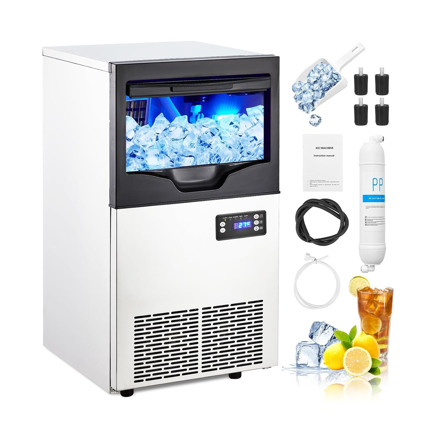Takywep Commercial Ice Maker 110lbs/24H, Ice Machine with 35lbs Storage Bin, Stainless Steel Freestanding Undercounter Maker for Restaurant Bar Home Outdoor Kitchen, 110V 195W Silver