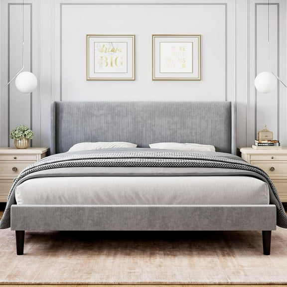 Takywep Grey King Bed Frames, Velvet Upholstered, Storage Pocket, Wood Slats, No Box Spring, Noise-Free, Modern Platform, Quick Assembly