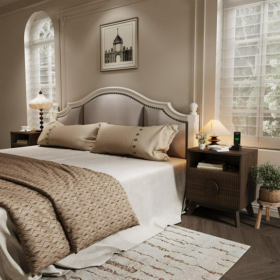 Takywep, Walnut, 2 Drawer, Nightstands, Modern Side Table with USB Charging, Open Shelf, Wavy Drawer Front, Circular Handle, Compact Organizer, Stable Structure, Bedroom or Living Room