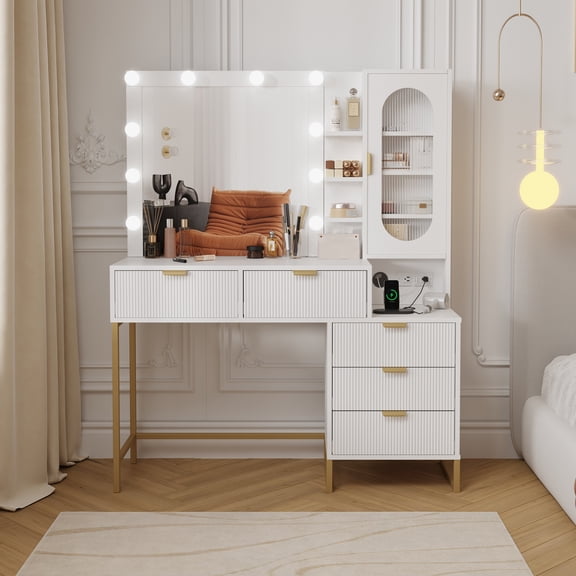 Takywep White & Gold LED Vanity Desk with Lighted Mirror (3 Modes) - Rattan-Door Cabinet, Side Storage Drawers, Built-in Power Outlet, Included Rattan Accent Stool for Bedroom