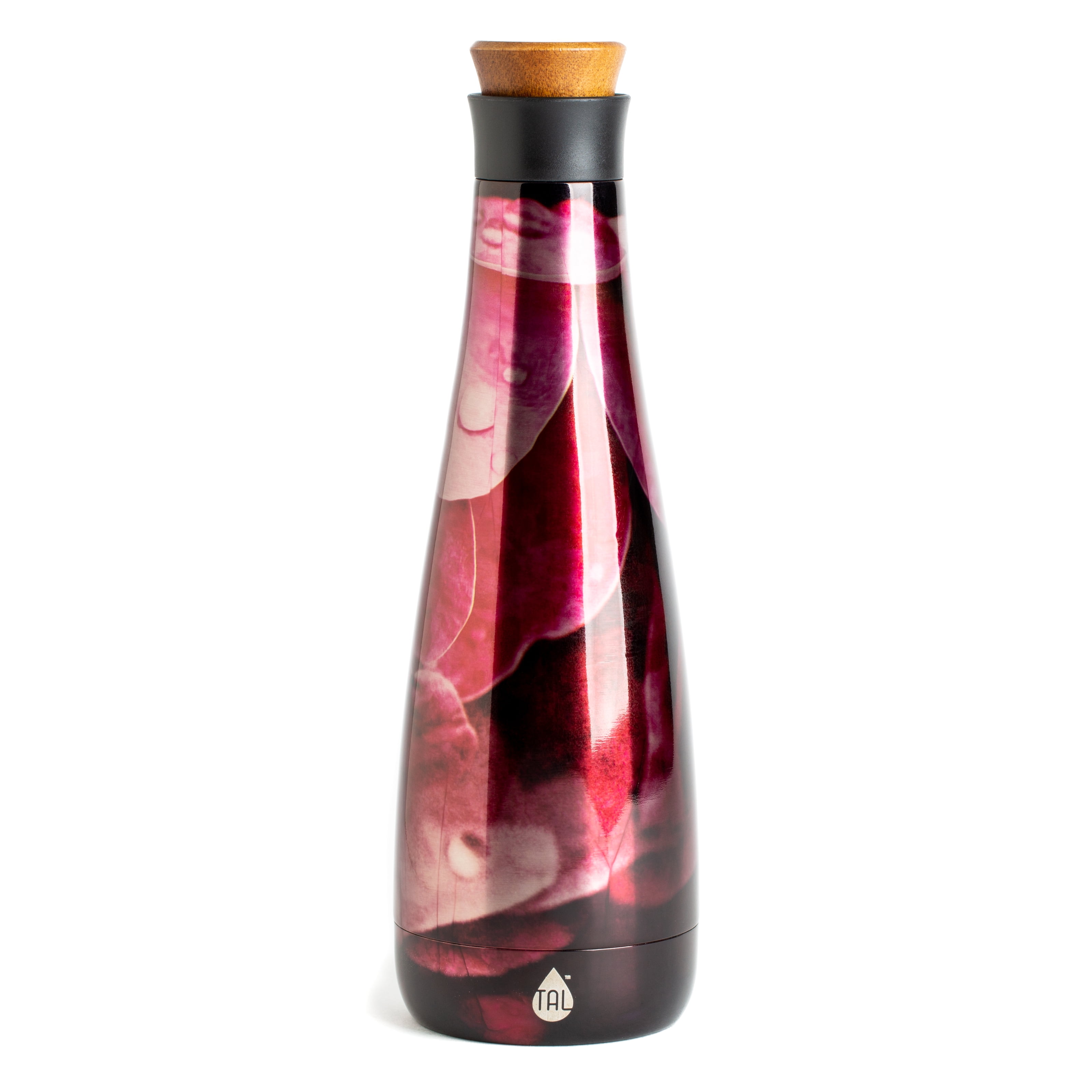 Tal Floral Bordeaux Stainless Steel 17 Ounce Water Bottle with Acacia Wood Lid