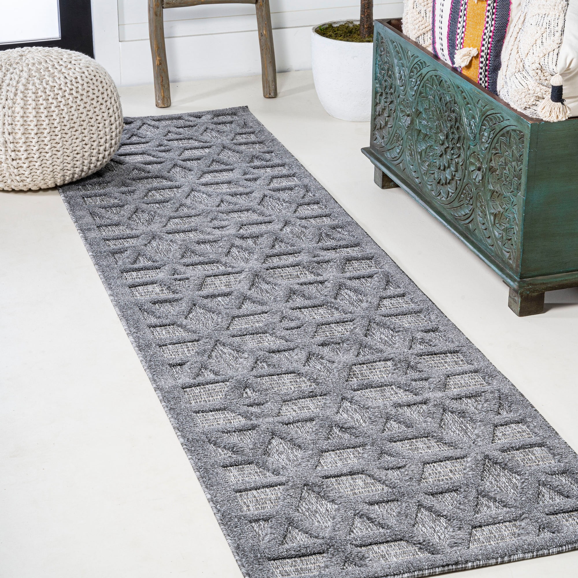 Talaia Dark Gray Geometric Synthetic Indoor/Outdoor Runner Rug