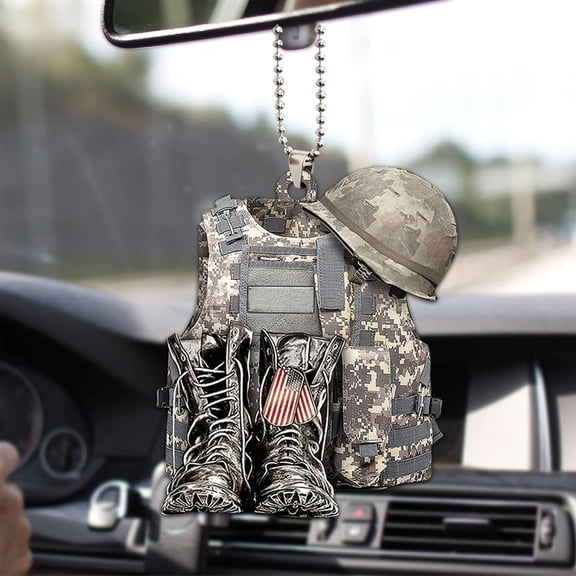 Talataca Veteran Soldier Backpack Boots Military Army 2D Flat Car Rear View Mirror Accessories Christmas Tree Ornament Decoration Hanging Charm Interior Rearview Pendant Decor Gift