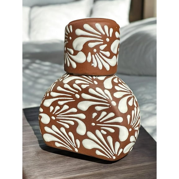 Talavera Bedside Water Carafe with Cup | 8.5 Hand-Painted Mexican Pottery | Decorative Nightstand Water Jug Set