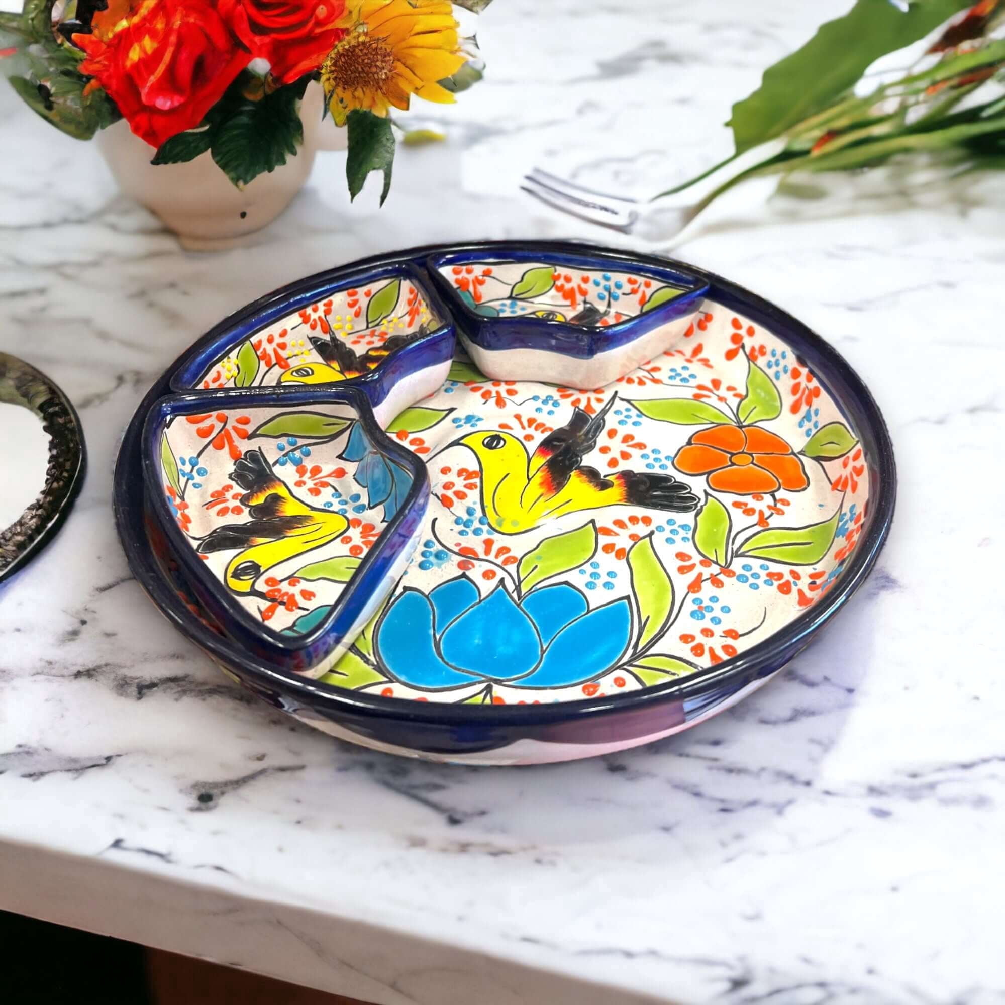 Talavera Ceramic Chip Dip Platter - Handcrafted Mexican 7-Piece Appetizer Tray