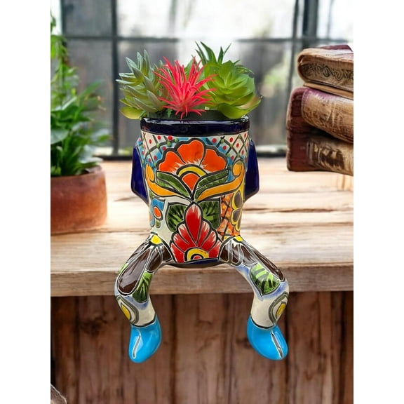Talavera Body-Shaped Planter with Legs; 9 High x 6 Wide; Hand-Painted Mexican Pottery for Shelf or Stairs