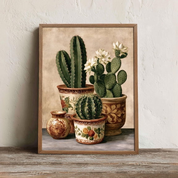 Talavera Cactus Still Life Wall Art Print, Rustic Mexican Kitchen Decor