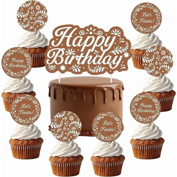 Talavera Cake Topper 25Pcs Brown Mexican Papel Picado Happy Birthday Cake and Cupcake Toppers Mexican Theme Cake Decoration for Kids Adults Birthday Party Cinco De Mayo Fiesta