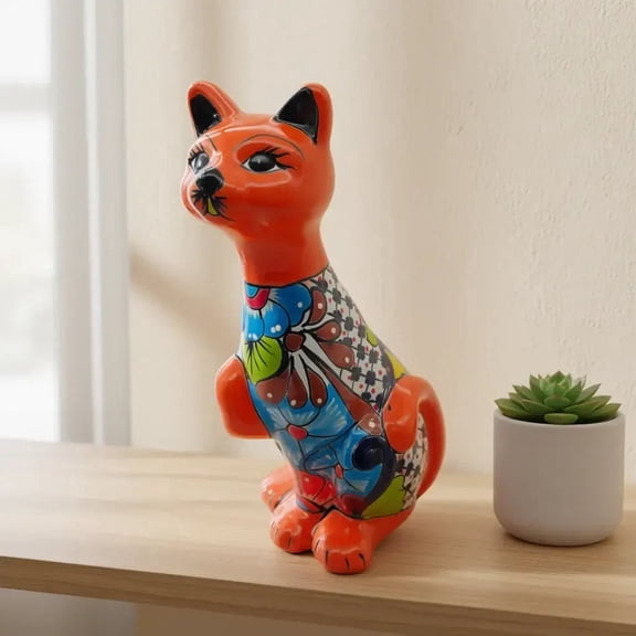 Talavera Cat Statue | Hand-Painted Mexican Ceramic Figurine