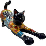Talavera Cat Stretching Cute Mexican Pottery Handmade Hand Painted Home Decor Folk Art Outdoor Indoor Multicolor Length 17.75" (Multi 3)